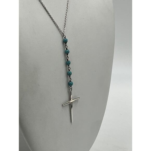 Golden Moon Inc Turquoise Beaded and Sterling Silver Rosary Cross Necklace - Picture 4 of 8